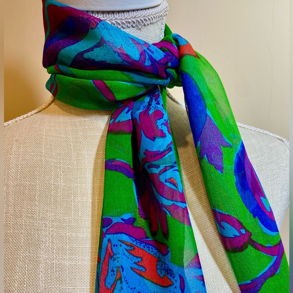 Gorgeous Silk Chiffon Vintage Liz Claiborne Scarf Turquoise Pink Green Blue